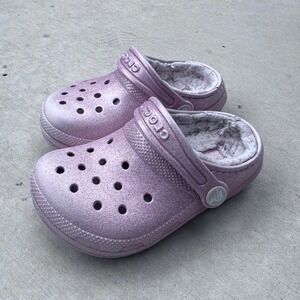 Kids Crocs Classic Glitter Sherpa Lined Clogs Pink Comfort Shoes Kids Size 6
